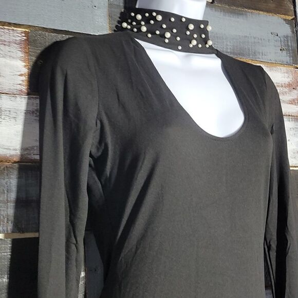 Black Bodycon Keyhole Pearl Accent Chocker Dress Size S - Picture 6 of 13